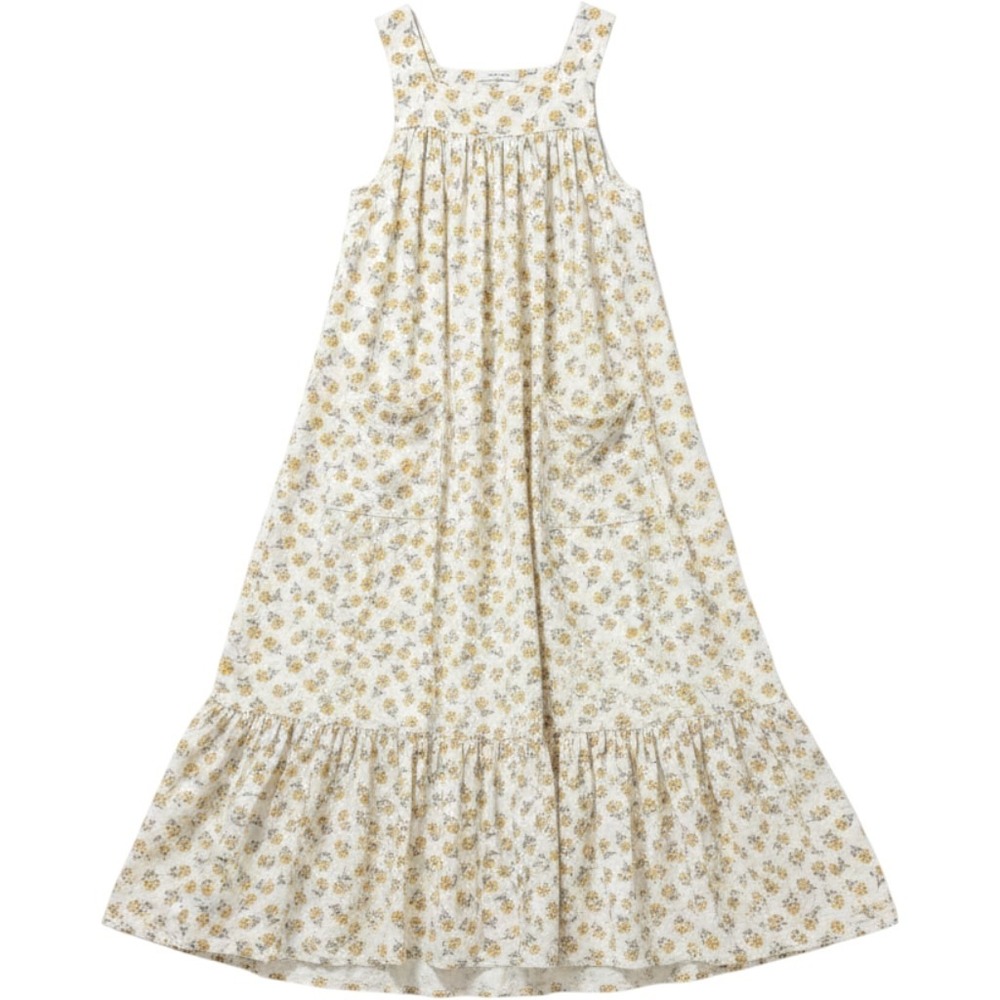 DOEN 100% Silk Maxi Dress Women Small Yellow Cottage Garden Floral Tiered Boho